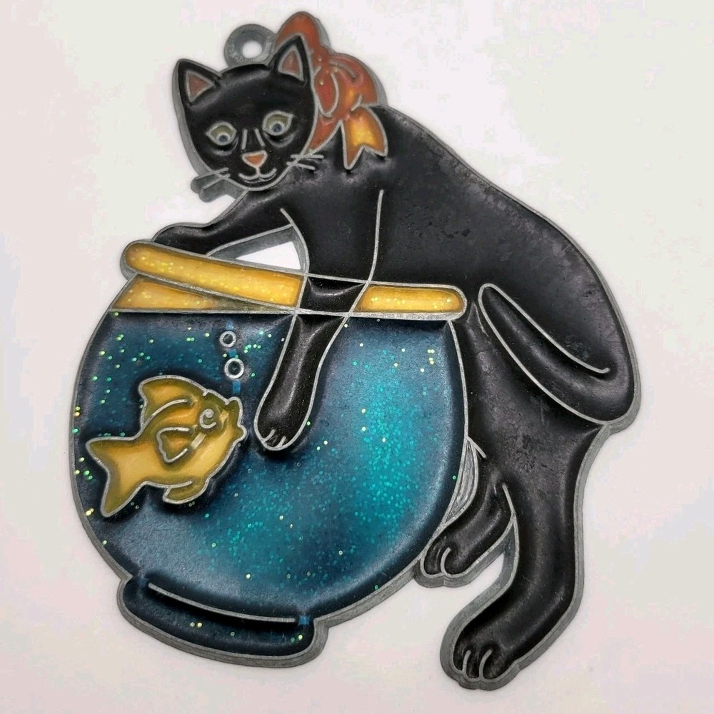 VTG 80s Black Cat & Fishbowl Sun Catcher Window Decor Handmade Retro Whimsical
